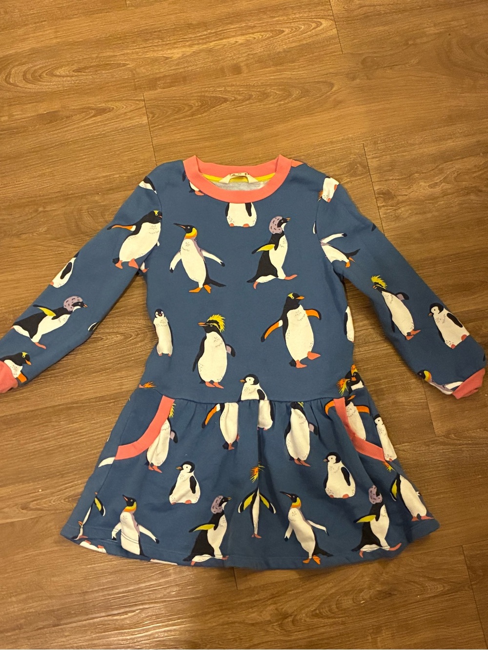 Mini Boden Blue Penguin Print Long Sleeve sweater Dress with Coral Trim